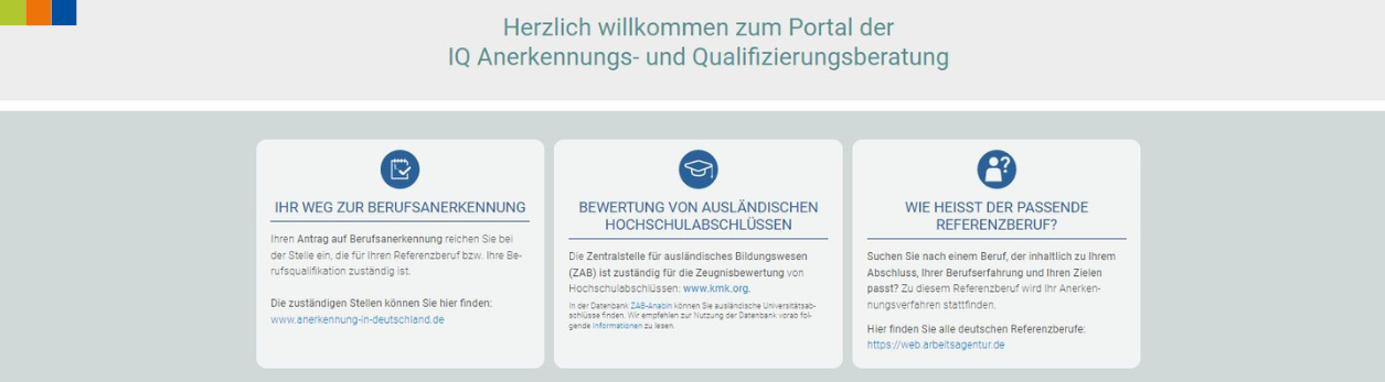 Header des IQ Beratungsportals mit Logo und Navigation, das digitale Tool zur Unterstützung bei der Anerkennung ausländischer Qualifikationen in Deutschland.